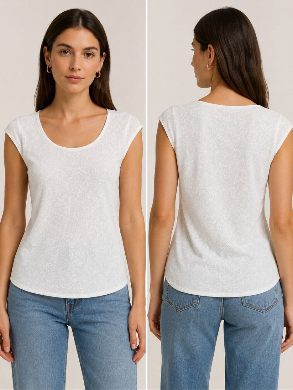Stefanel White Floral Jacquard Top Quiet Luxury Minimalist Cap Sleeve Blouse M
